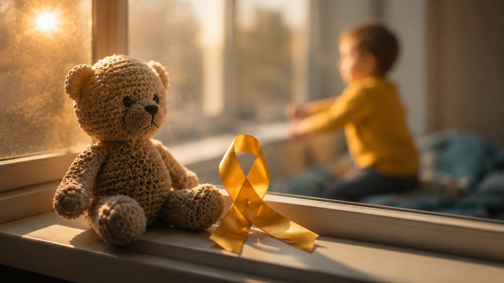 Gehäkelter Teddybär und goldene Schleife auf einer Fensterbank, im Hintergrund ein spielendes Kind