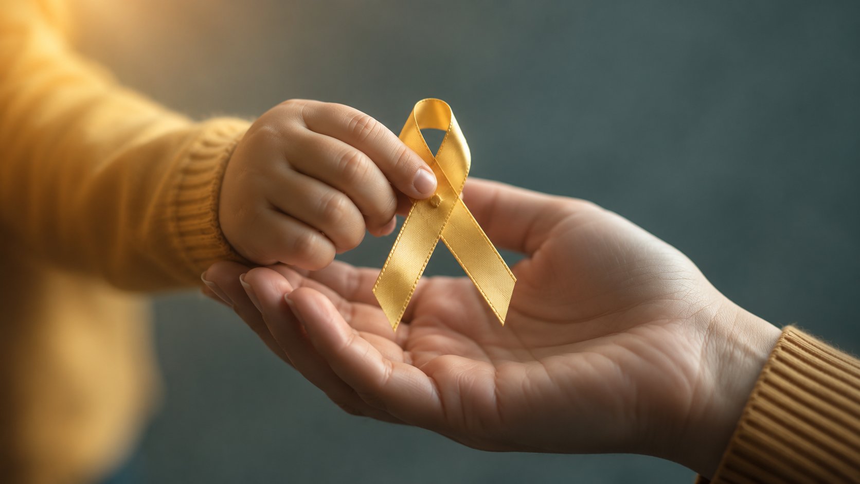 Kinderhand legt eine goldene Schleife in eine geöffnete Erwachsenenhand