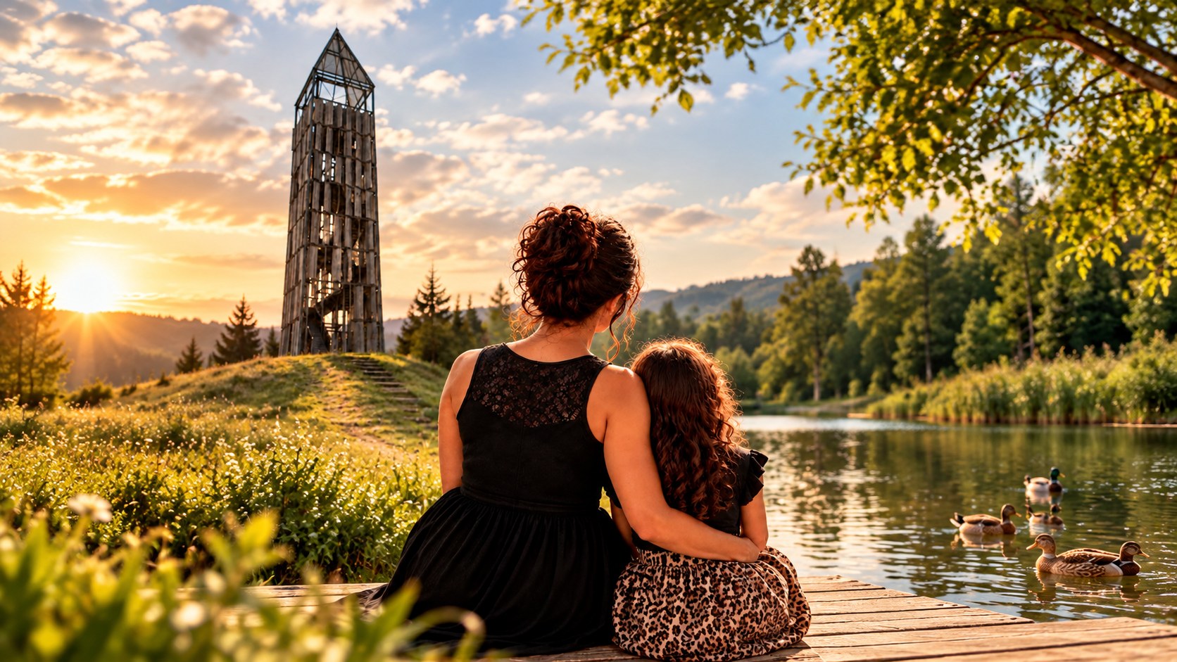 Mutter und Tochter sitzen bei Sonnenuntergang am See, im Hintergrund ein Aussichtsturm